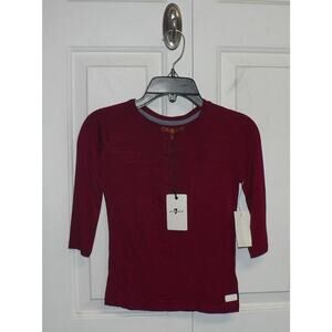 7 For All Mankind Girls Long Raglan Sleeve Logo Henley in Ruby Red Small $35